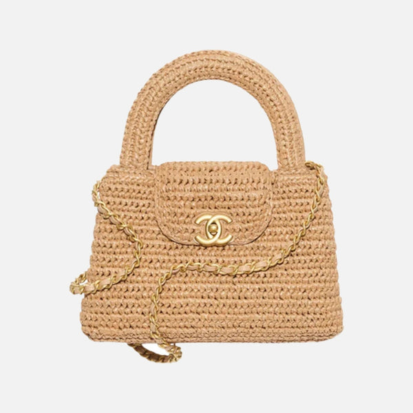 Chanel Mini Shopping Bag Braided Raffia & Gold-Tone Metal Dark Beige