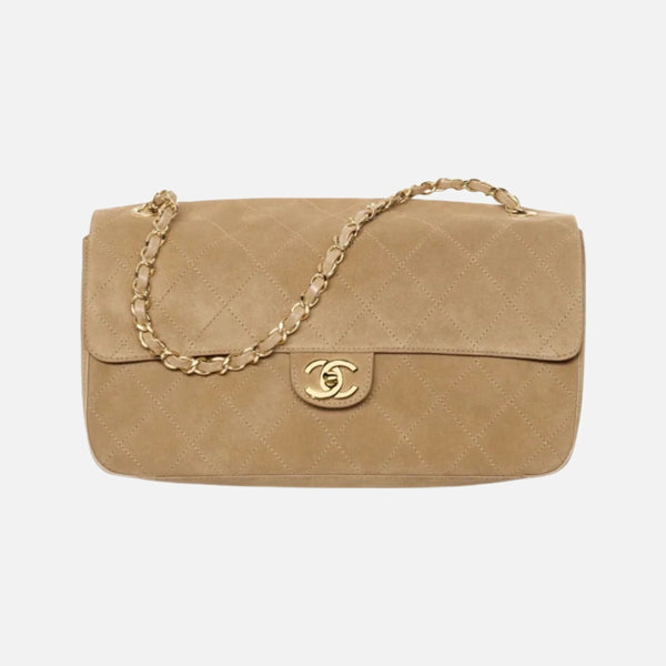 Chanel Suede Calfskin & Gold Metal Dark Beige Maxi Flap Bag
