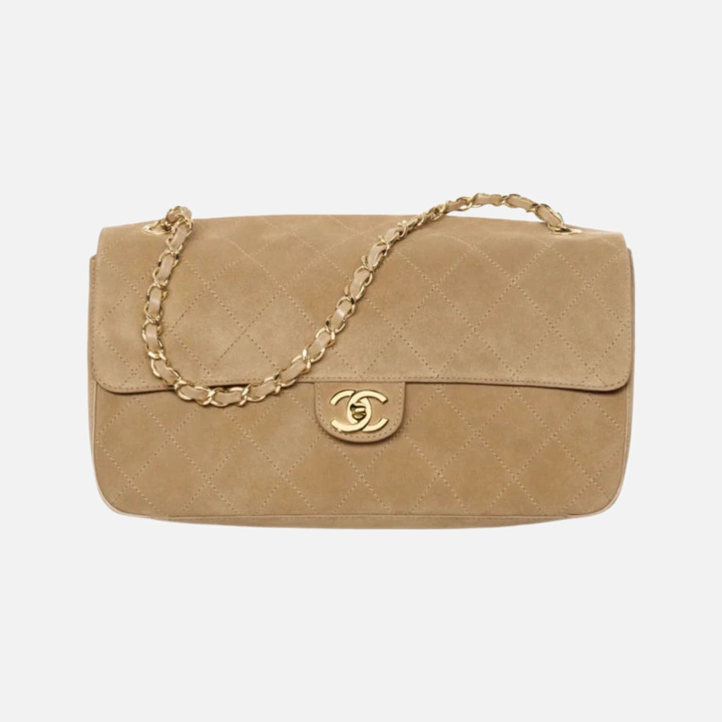 Chanel Suede Calfskin & Gold Metal Dark Beige Maxi Flap Bag