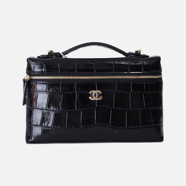 Chanel Trendy Handle Slim Vanity Pouch in Black Crocodile-Embossed Calfskin Leather with Gold Hardware