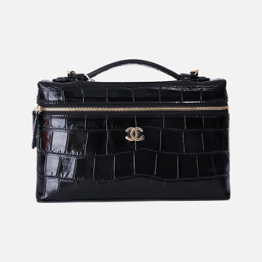 Chanel Trendy Handle Slim Vanity Pouch in Black Crocodile-Embossed Calfskin Leather with Gold Hardware