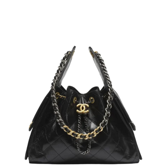 Chanel 25 Small Handbag Shiny Crumpled Calfskin, Gold-Tone & Ruthenium-Finish Metal Black