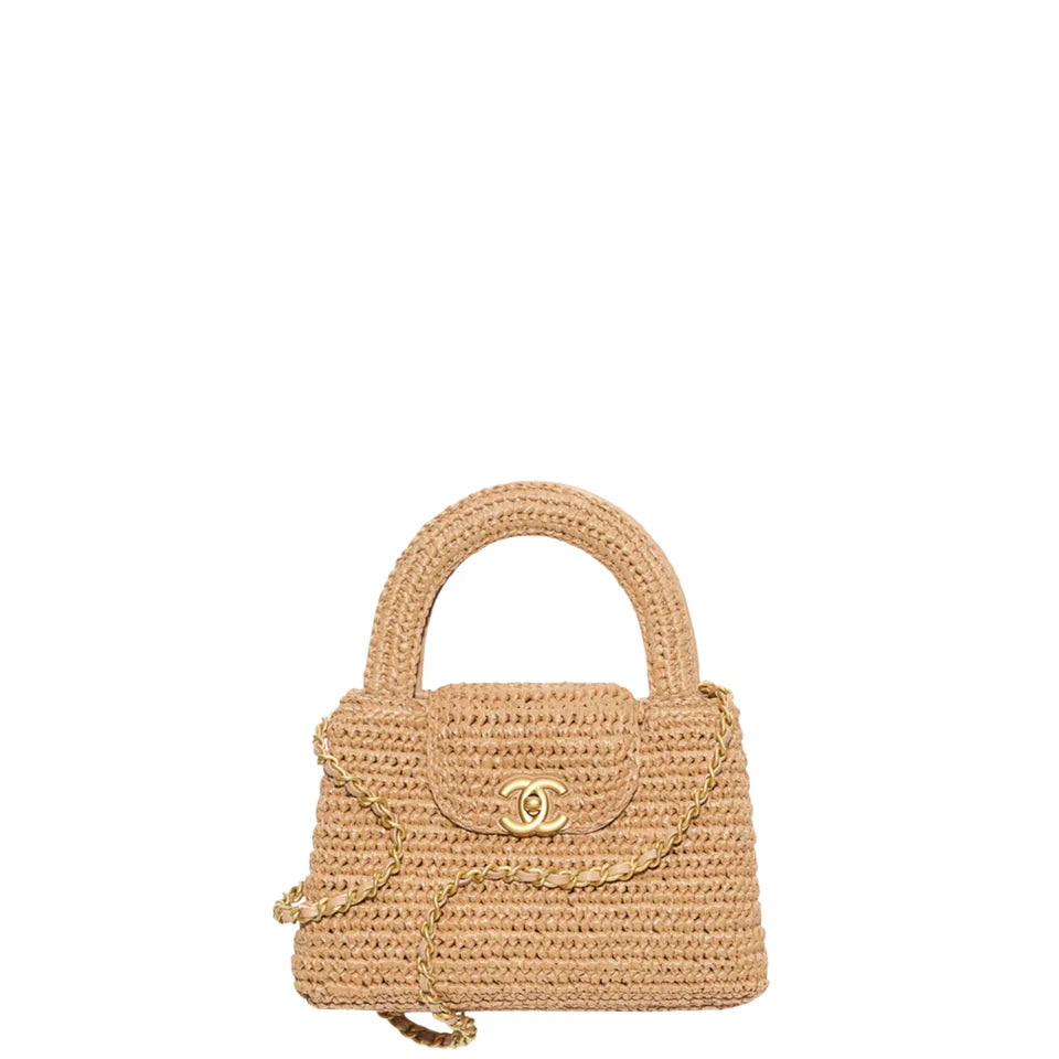 Chanel Mini Shopping Bag Braided Raffia & Gold-Tone Metal Dark Beige