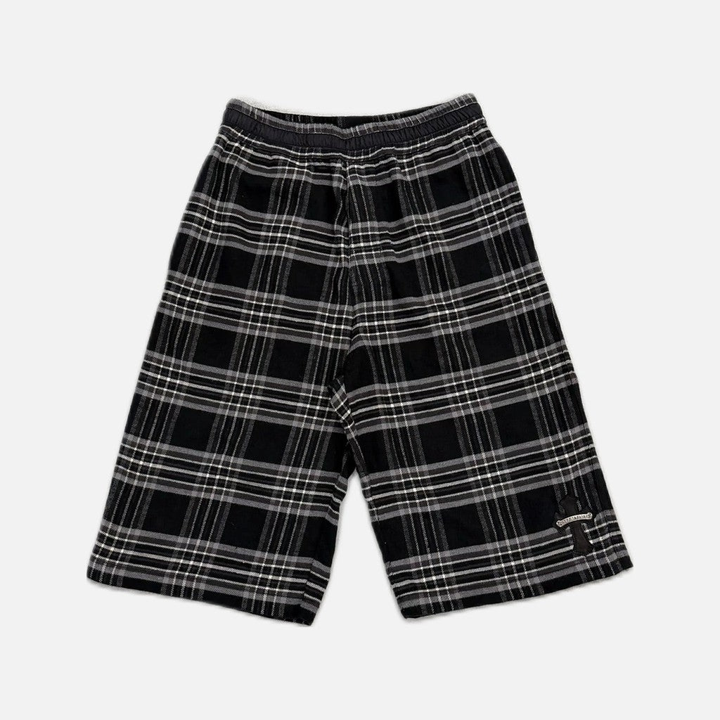 Chrome Hearts After School flannel shorts in black with a leather scroll patch