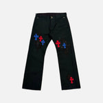 Load image into Gallery viewer, Chrome Hearts chino trousers in black/red with leather cross patches