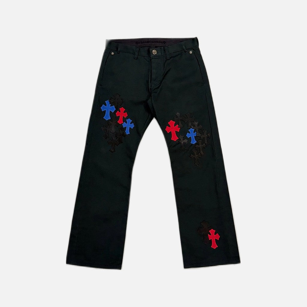 Chrome Hearts chino trousers in black/red with leather cross patches