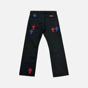 Chrome Hearts chino trousers in black/red with leather cross patches, view 2