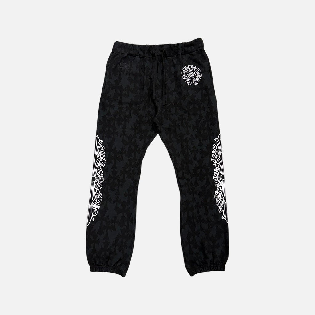 Chrome Hearts joggers in black and grey with cross monogram floral horseshoe pattern