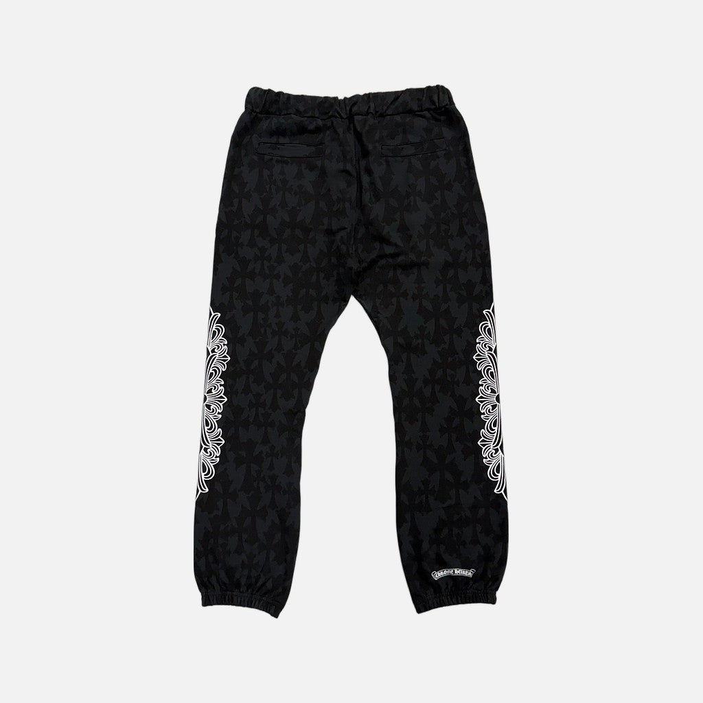 Chrome Hearts joggers in black and grey with cross monogram floral horseshoe pattern, view 2