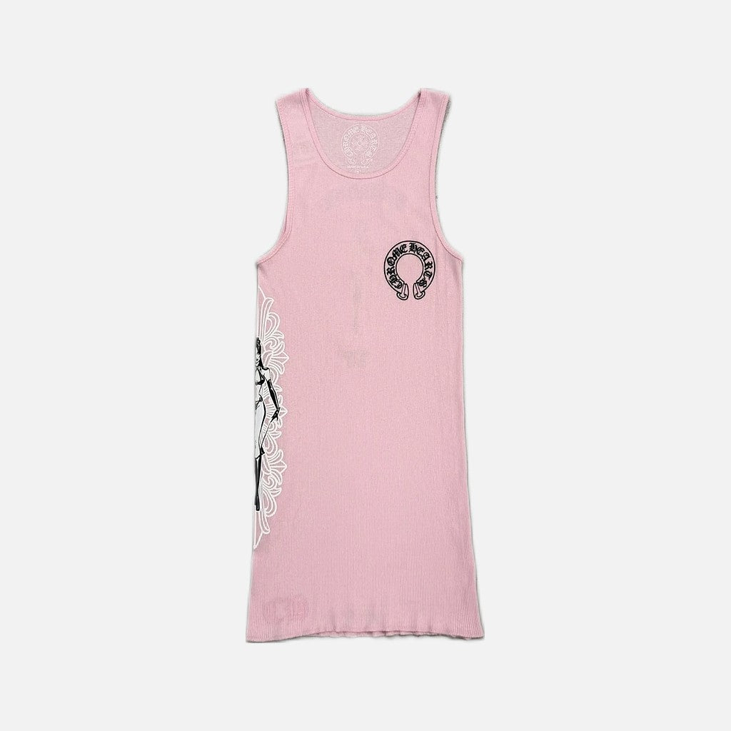 Chrome Hearts Deadly Doll vest dress in pink with floral pin up girl and horseshoe motifs