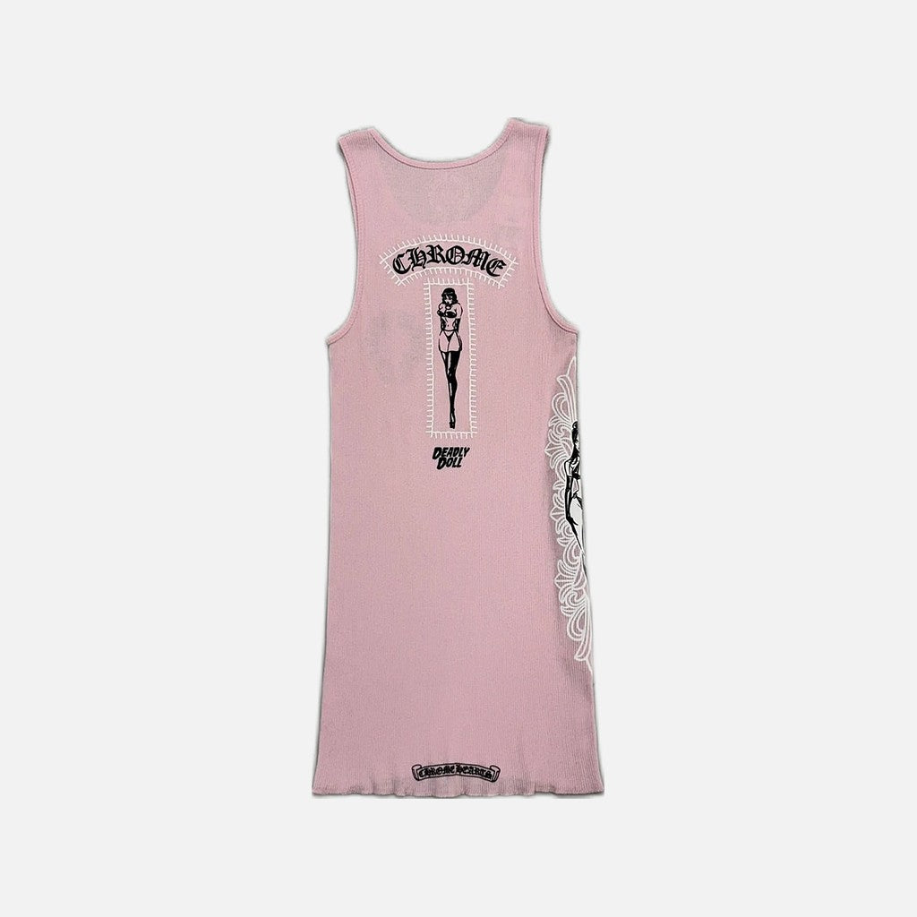 Chrome Hearts Deadly Doll vest dress in pink with floral pin up girl and horseshoe motifs, view 2