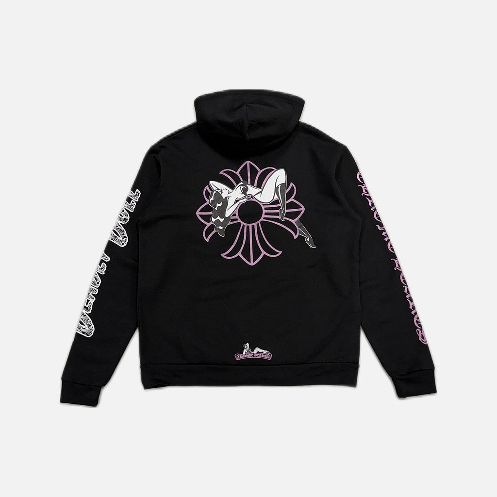 Chrome Hearts Deadly Doll hoodie in black with pink glitter pin-up graphic