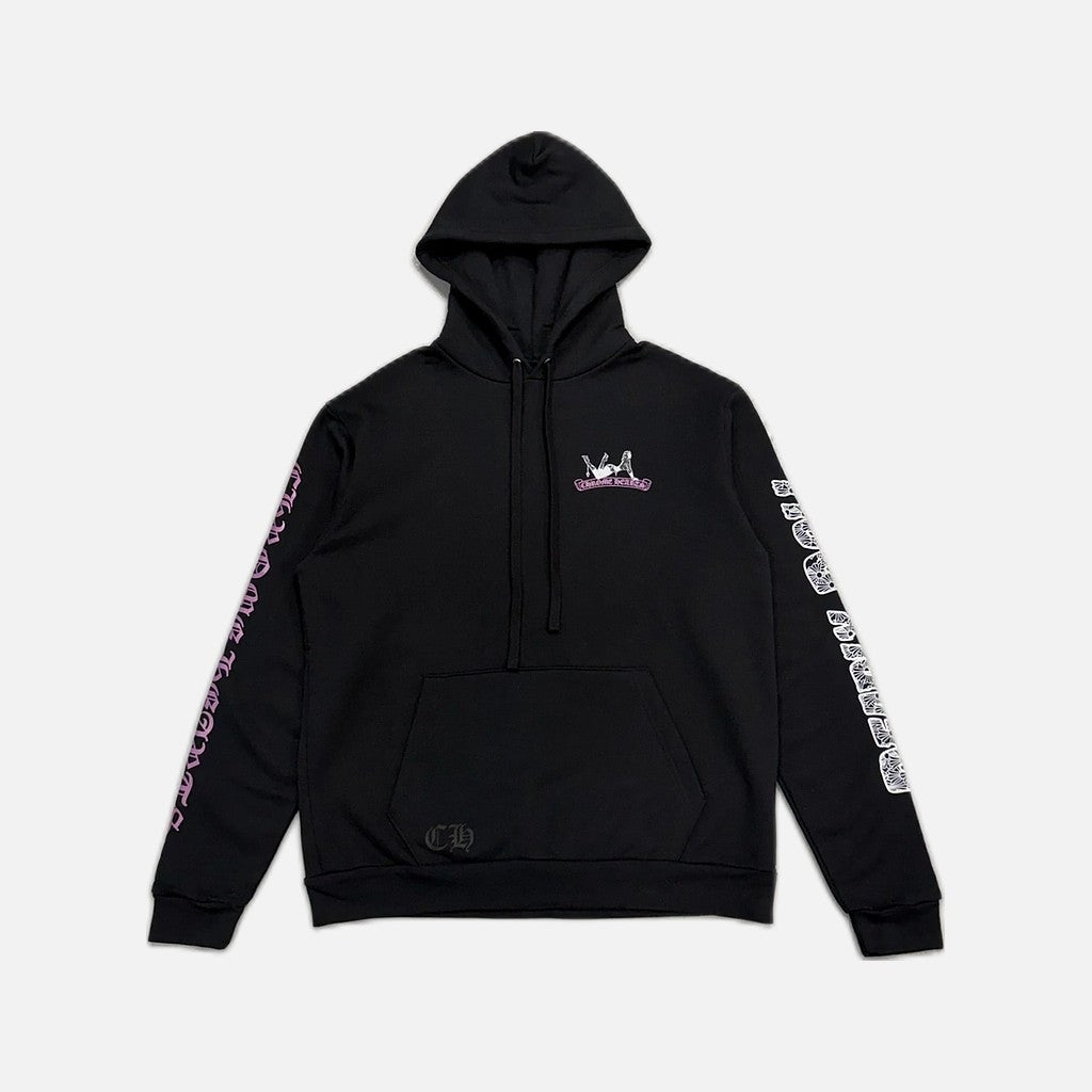 Chrome Hearts Deadly Doll hoodie in black with pink glitter pin-up graphic, view 2