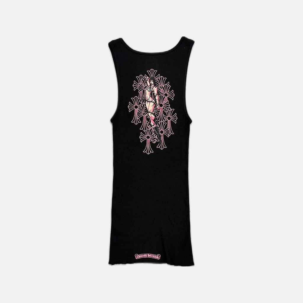 Chrome Hearts Deadly Doll Pin Up Cemetery knit vest dress in black with pink accents, view 2