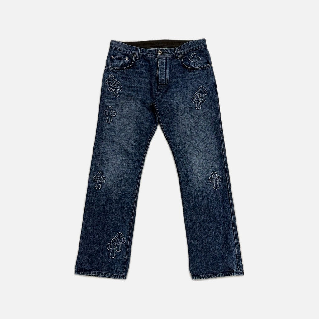 Chrome Hearts denim jeans in blue with cross patch detailing
