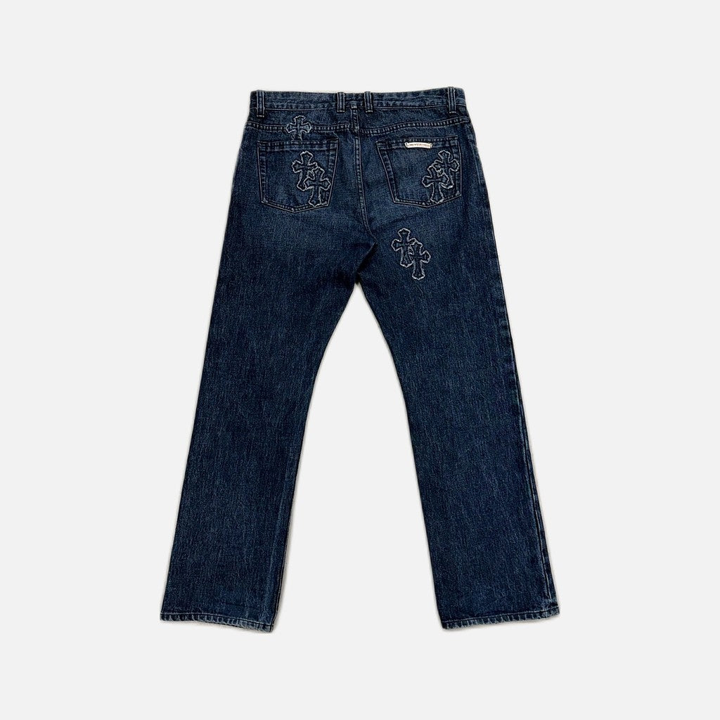 Chrome Hearts denim jeans in blue with cross patch detailing, view 2