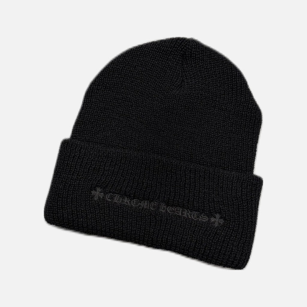 Chrome Hearts Double Plus wool beanie in triple black with tonal Double Plus motif, view 2