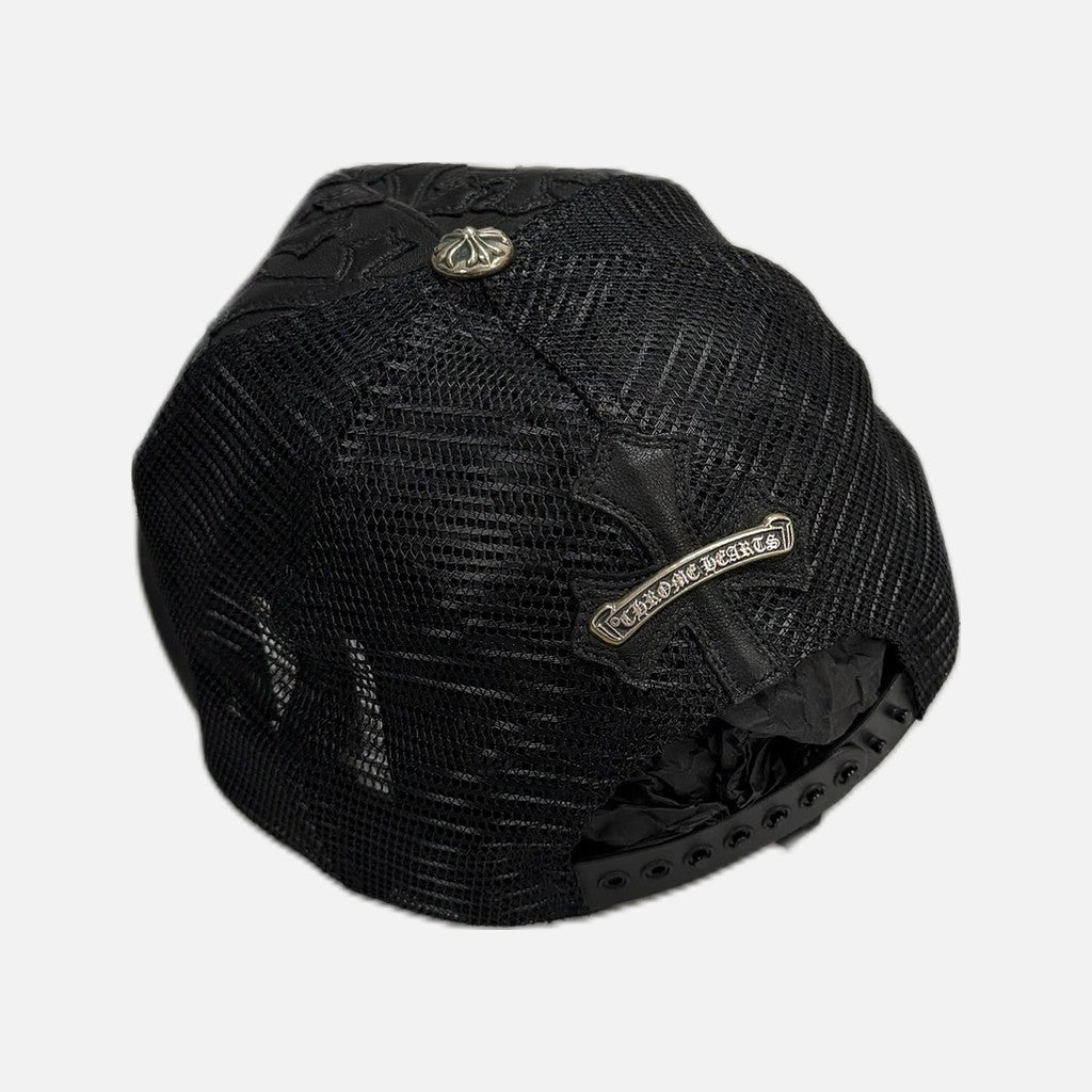 Chrome Hearts black trucker cap covered in leather cross patches