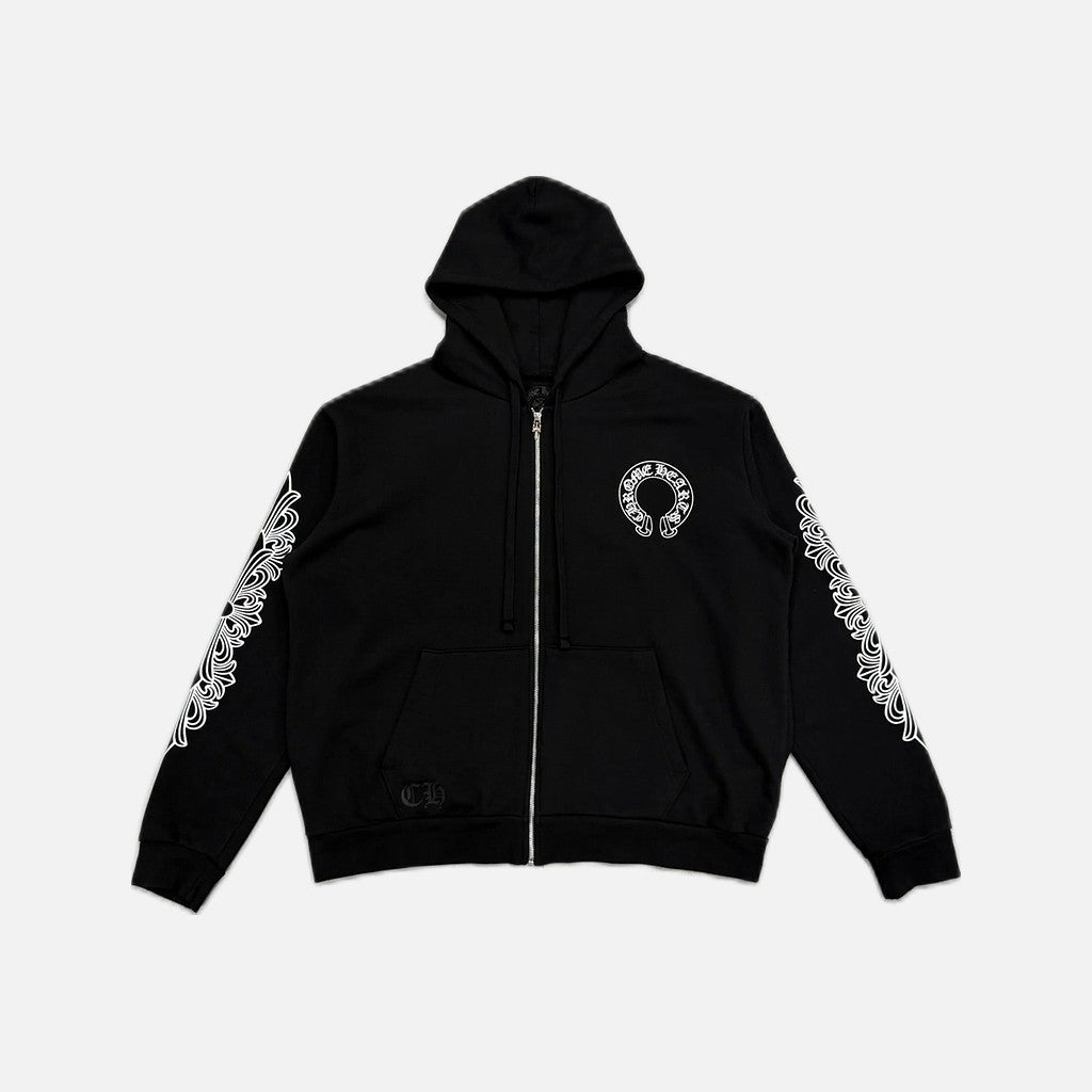 Chrome Hearts floral horseshoe thermal zip up hoodie in black
