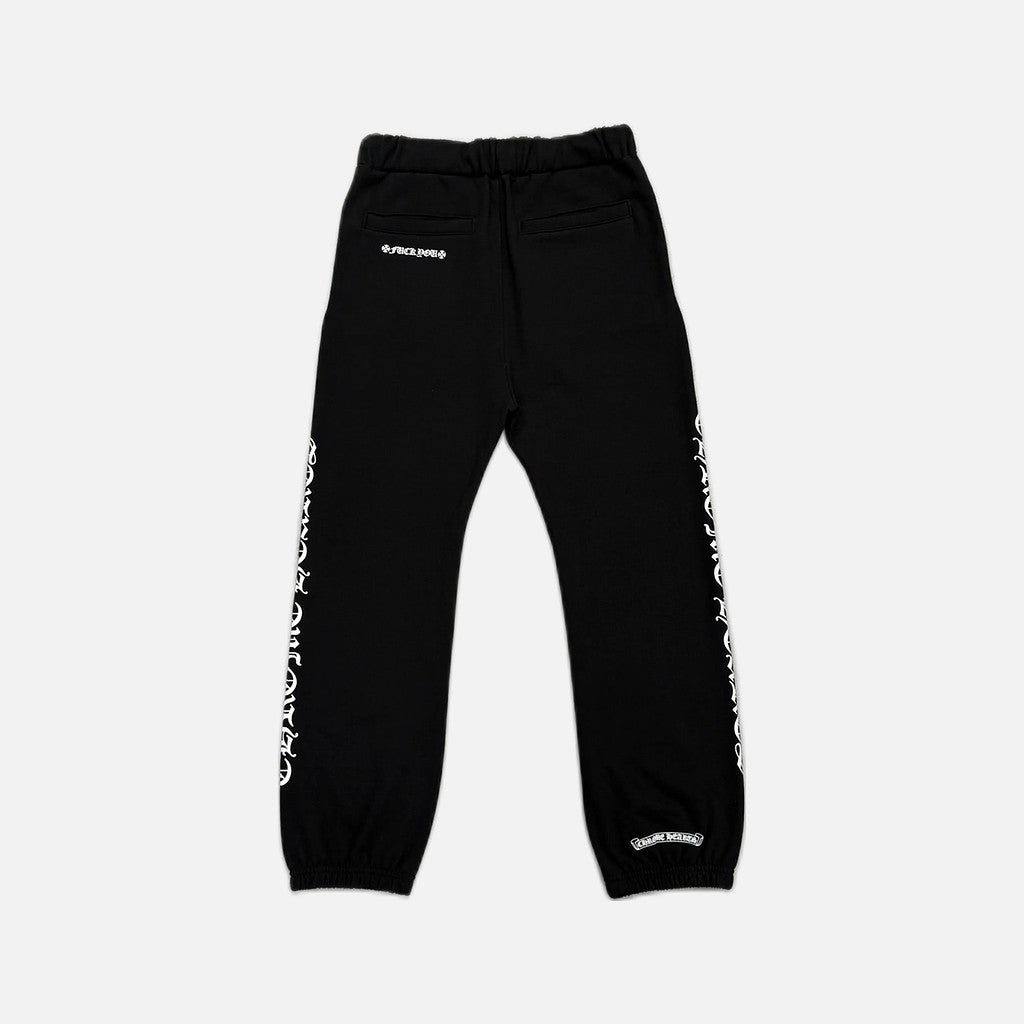 Chrome Hearts Fuck You Scroll joggers in black with scroll graphic, view 2