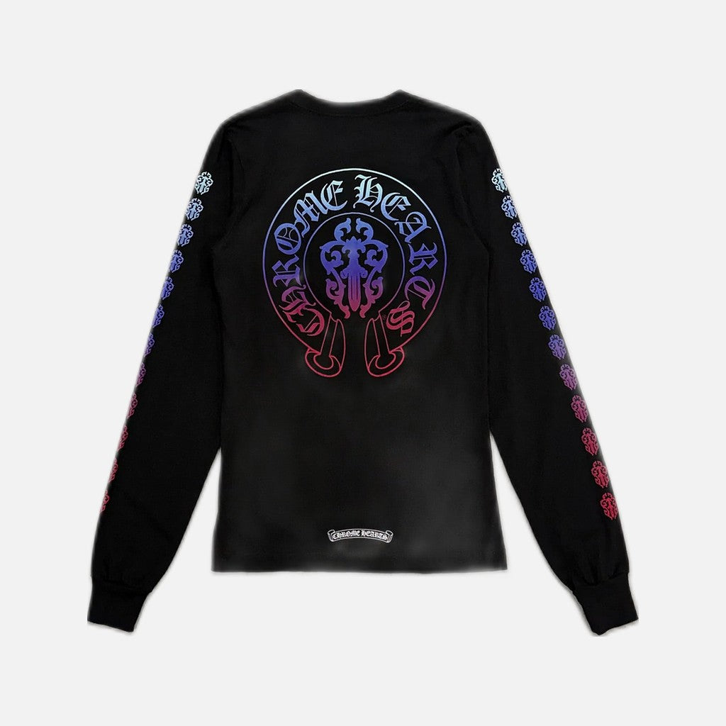Chrome Hearts long sleeve T-shirt in black with multicoloured gradient dagger and horseshoe graphic