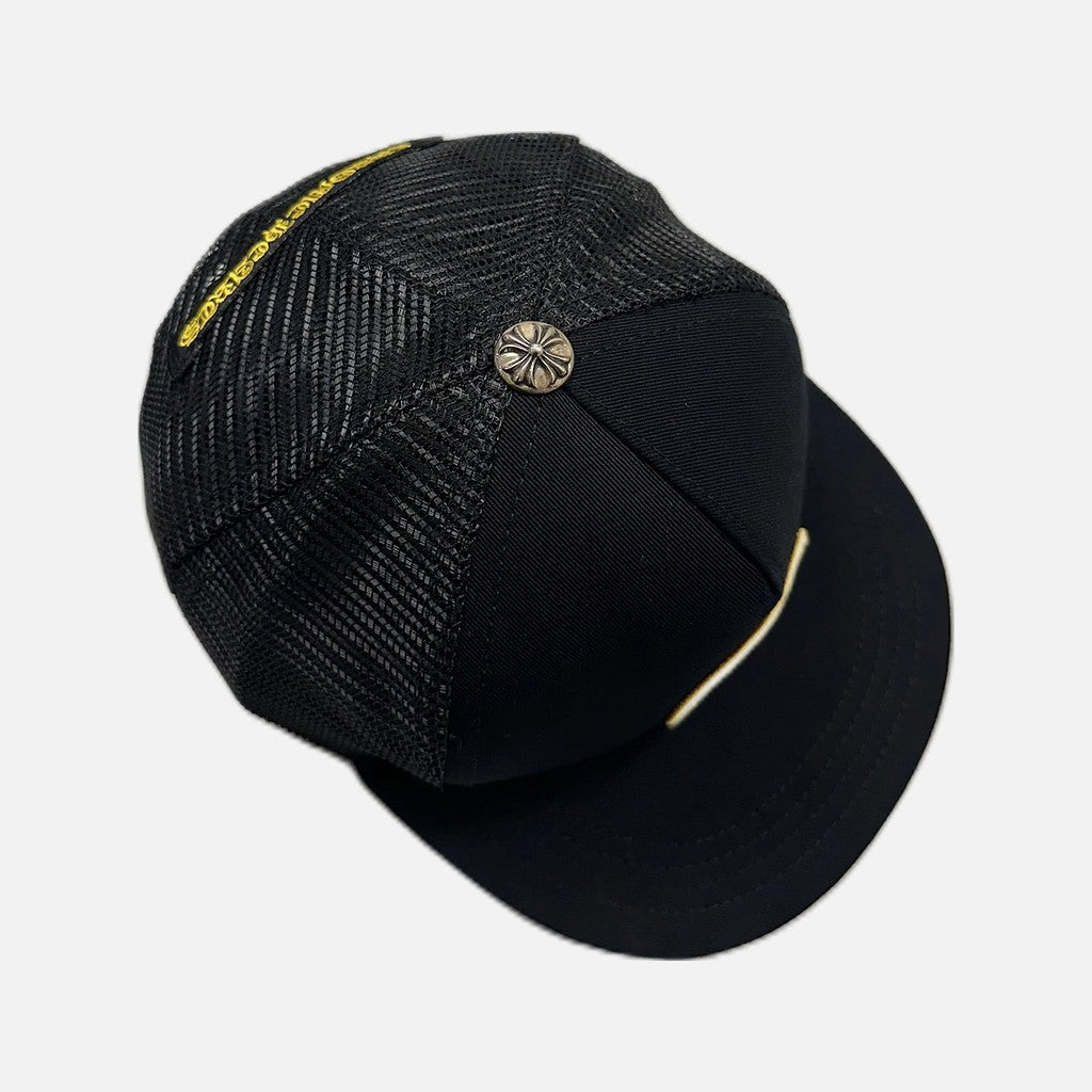 Chrome Hearts Hollywood Plus trucker hat in black with yellow detailing