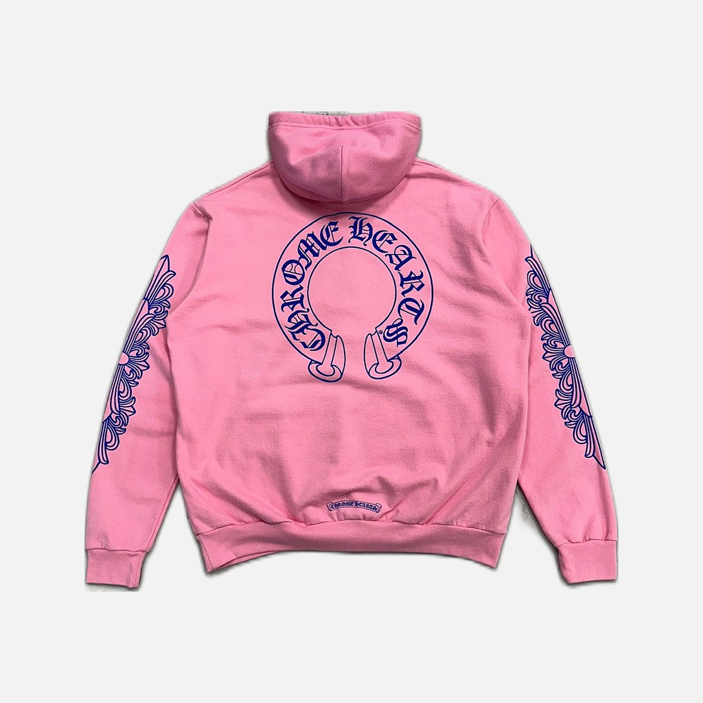 Chrome Hearts Horseshoe Floral hoodie in pink and blue with horseshoe and floral design, view 2