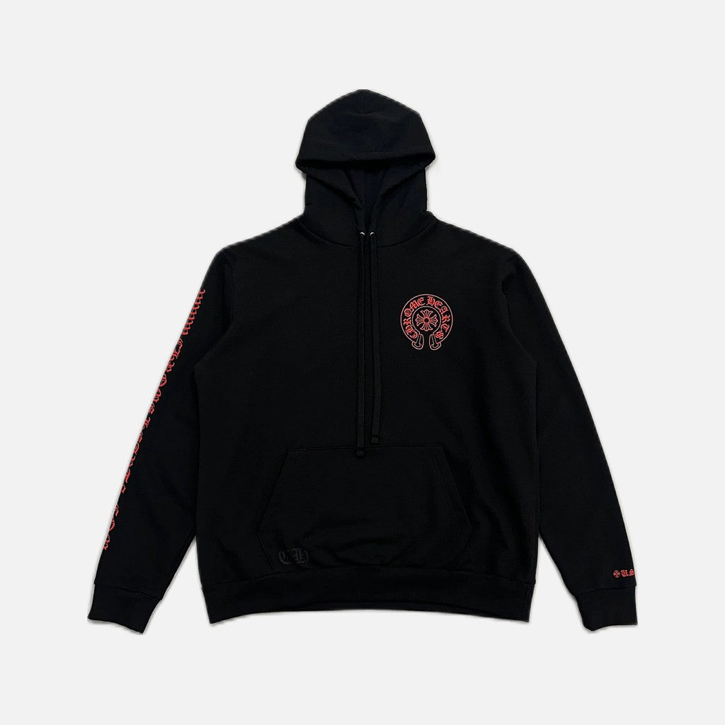 Chrome Hearts Horseshoe hoodie in black and red with the house horseshoe emblem