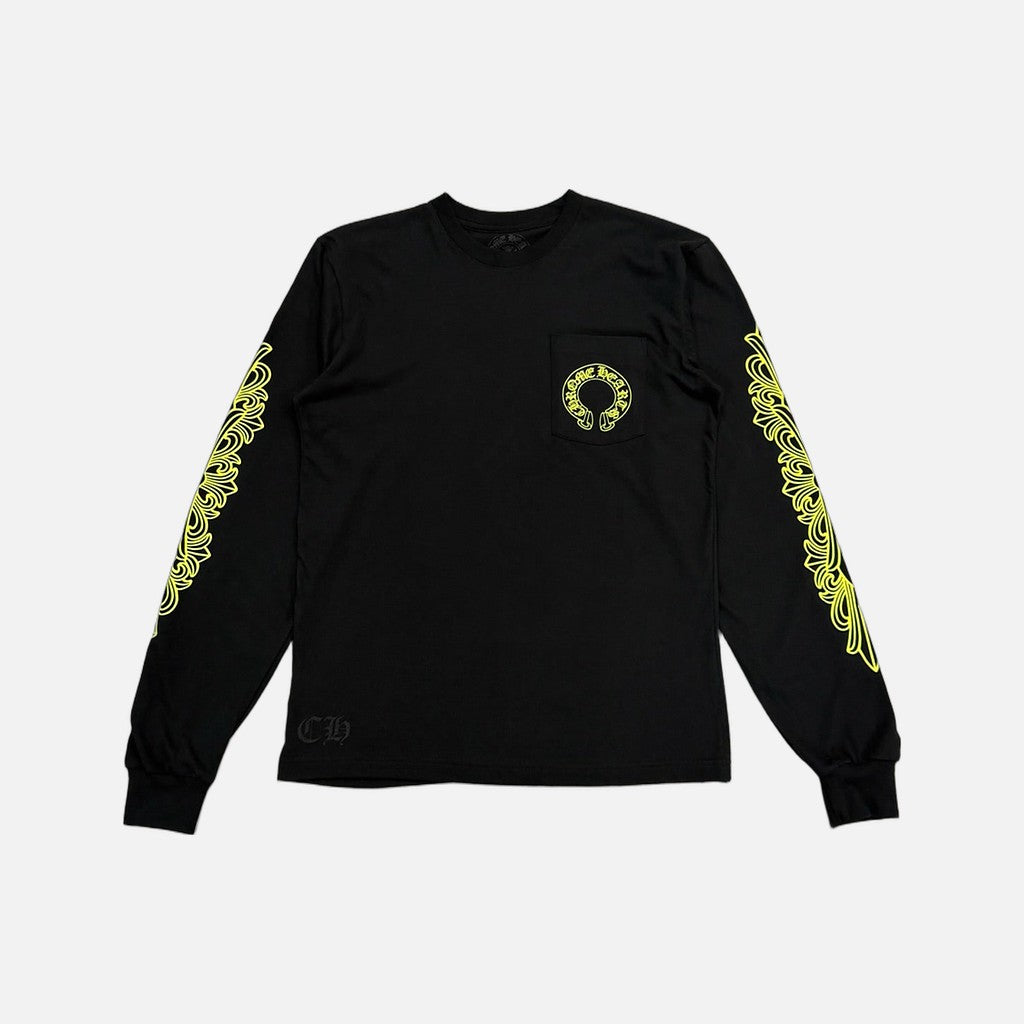 Chrome Hearts Horseshoe Neon long sleeve T-shirt in black with green Horseshoe motif, view 2