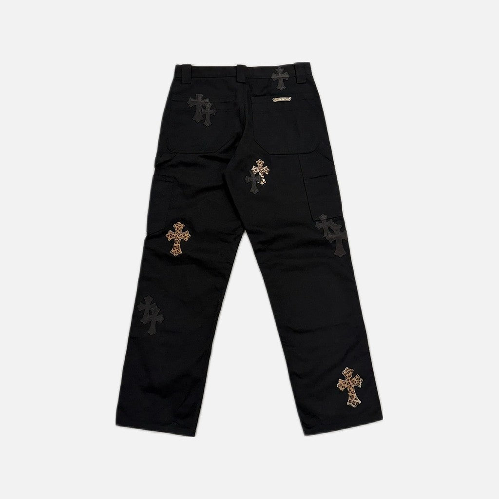 Chrome Hearts double knee carpenter jeans in black and brown with leather and cheetah cross patches, view 2