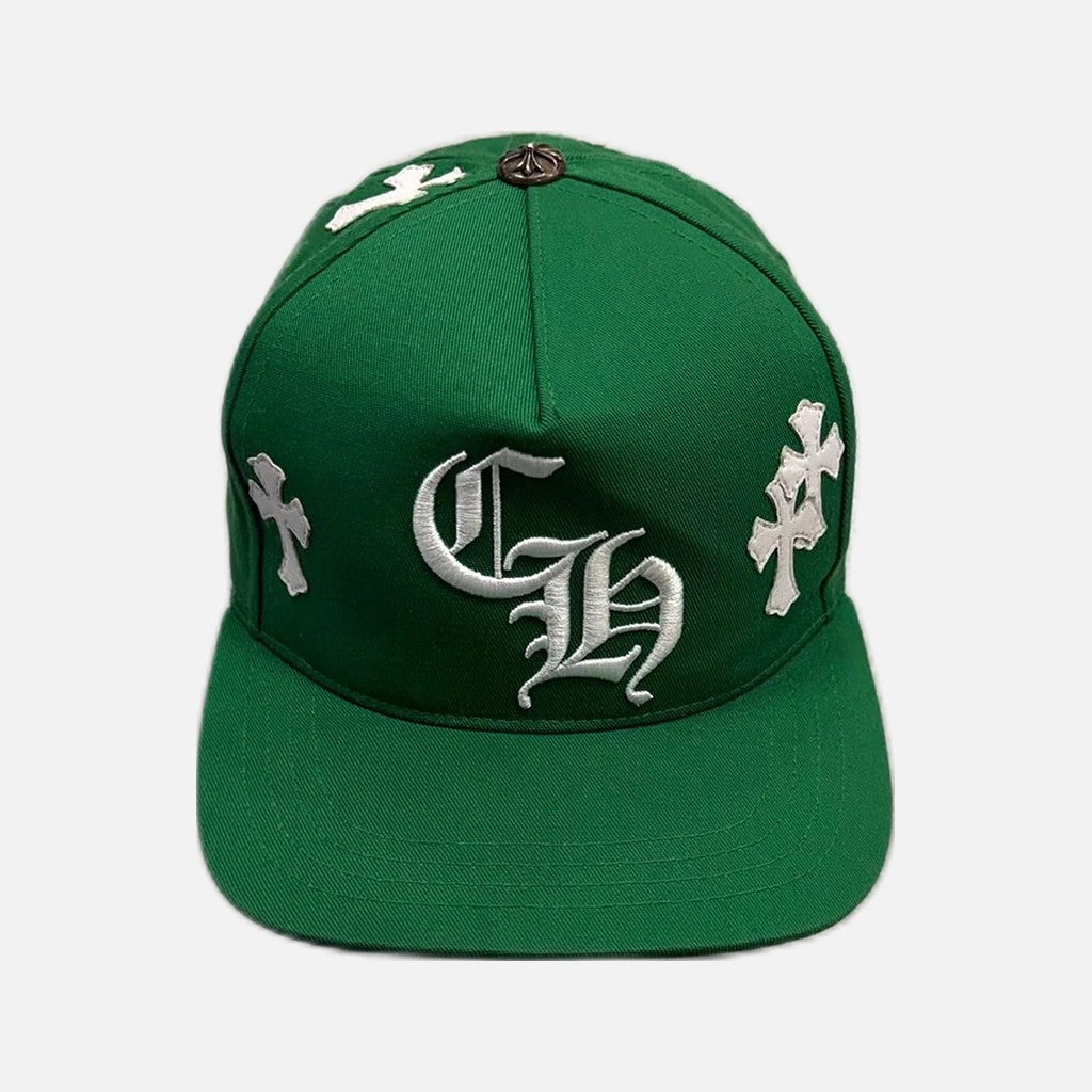 Chrome Hearts snapback cap in green and white with leather cross patch and CH branding