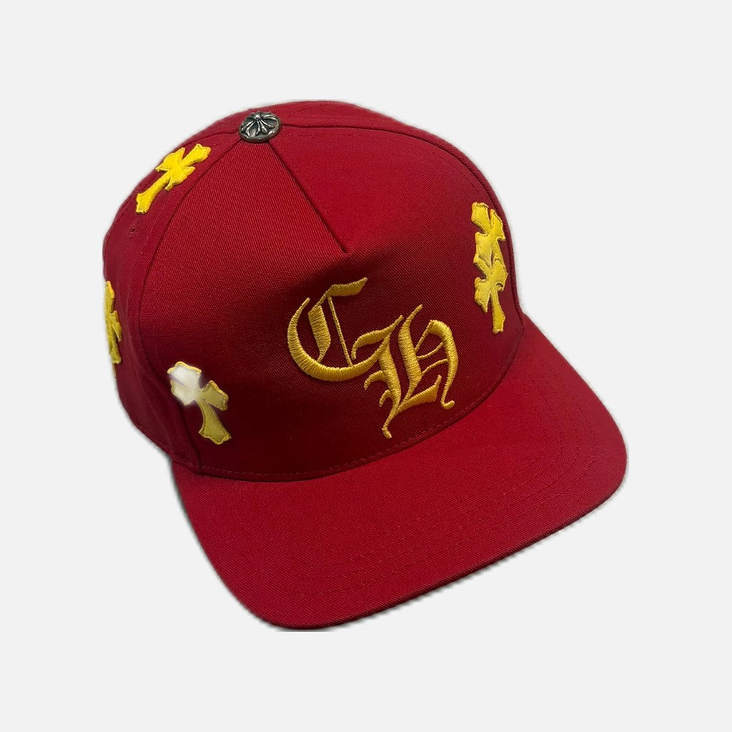 Chrome Hearts snapback cap in red and yellow with leather cross patch and CH branding, view 2