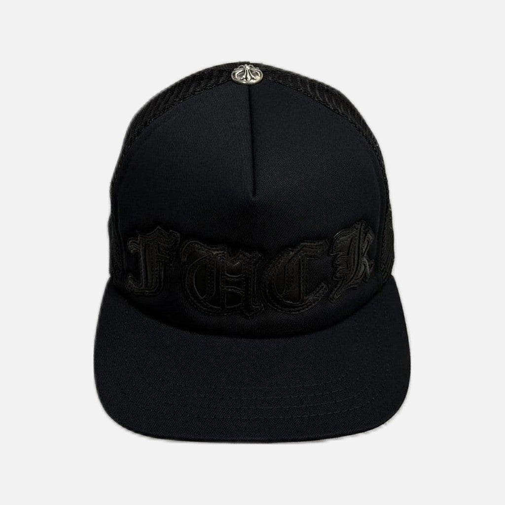 Chrome Hearts trucker cap in triple black with leather FUCK patch