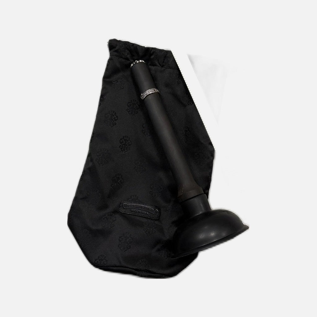 Chrome Hearts toilet plunger in mahogany dark wood with silver Scroll Plus detail, view 2