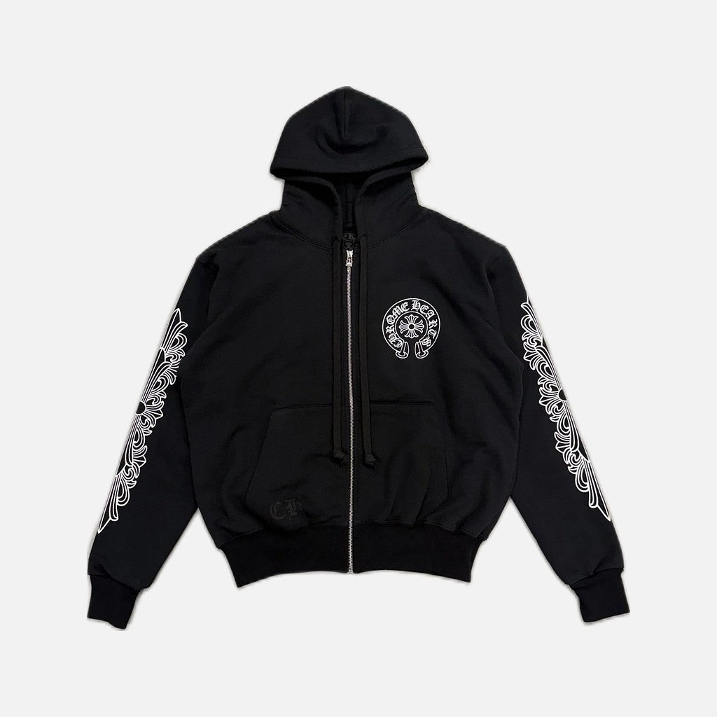 Chrome Hearts Malibu zip up hoodie in black with floral horseshoe graphic