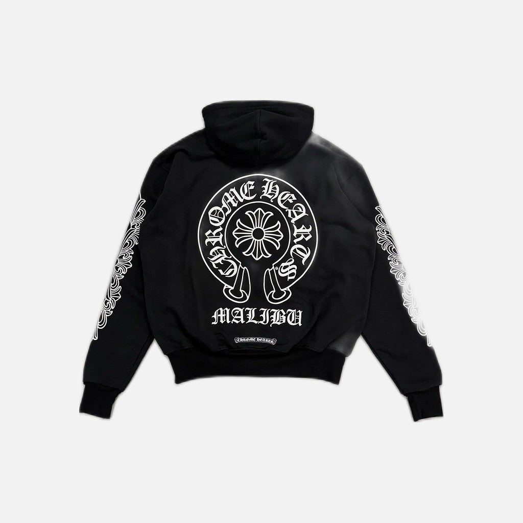 Chrome Hearts Malibu zip up hoodie in black with floral horseshoe graphic, view 2