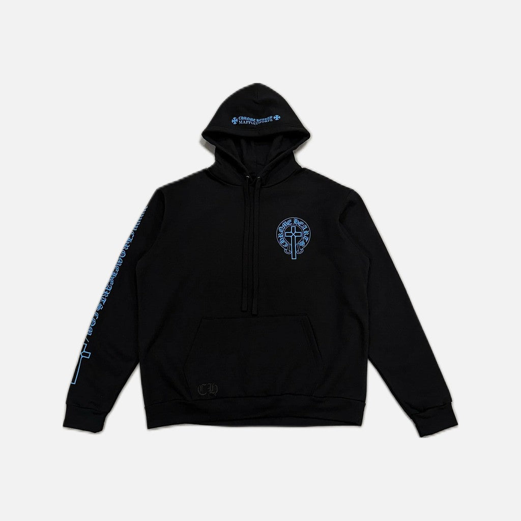 Chrome Hearts Mapplethorpe hoodie in black with blue horseshoe cross design