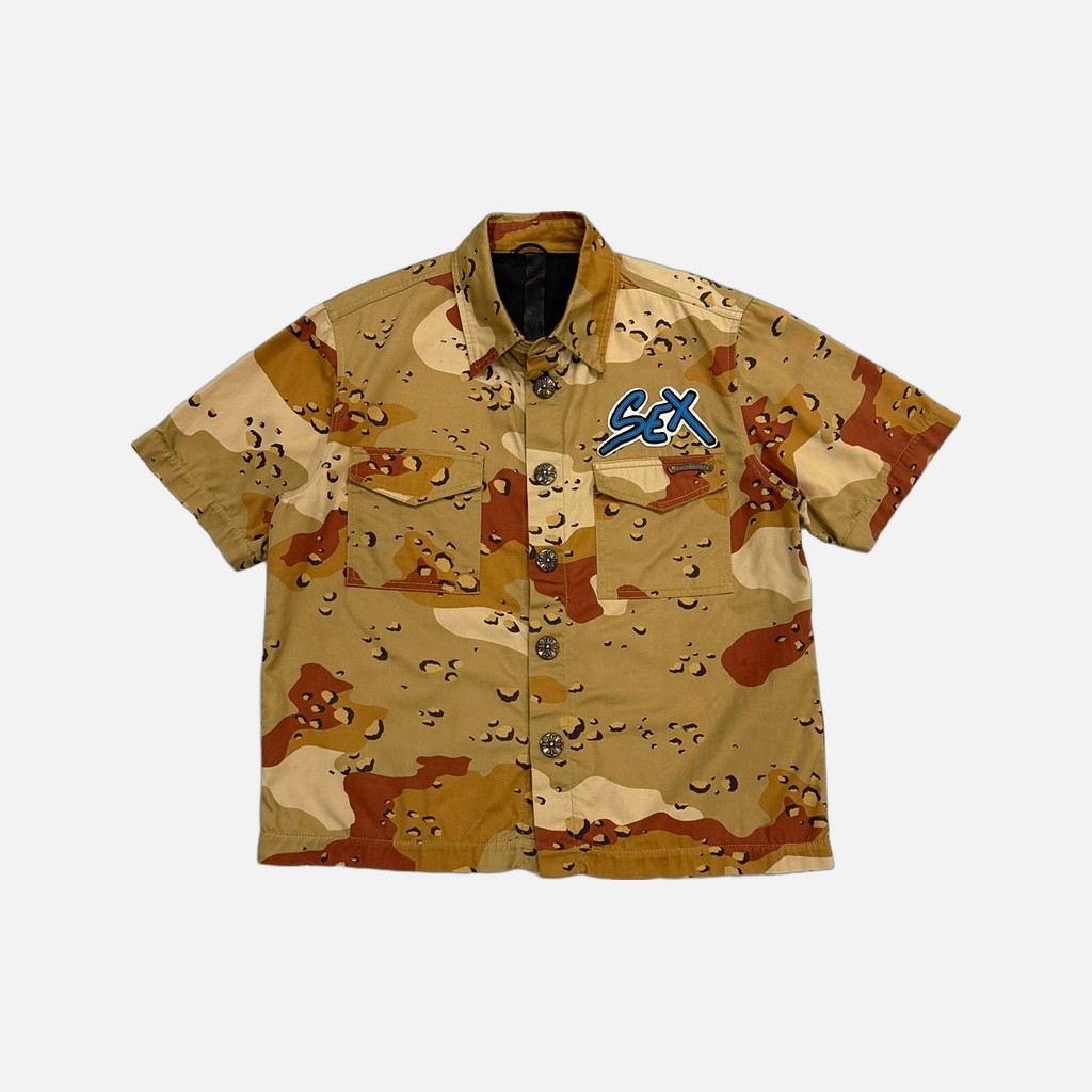 Chrome Hearts Matty Boy short sleeve shirt in desert tan camo with leather Sex patch
