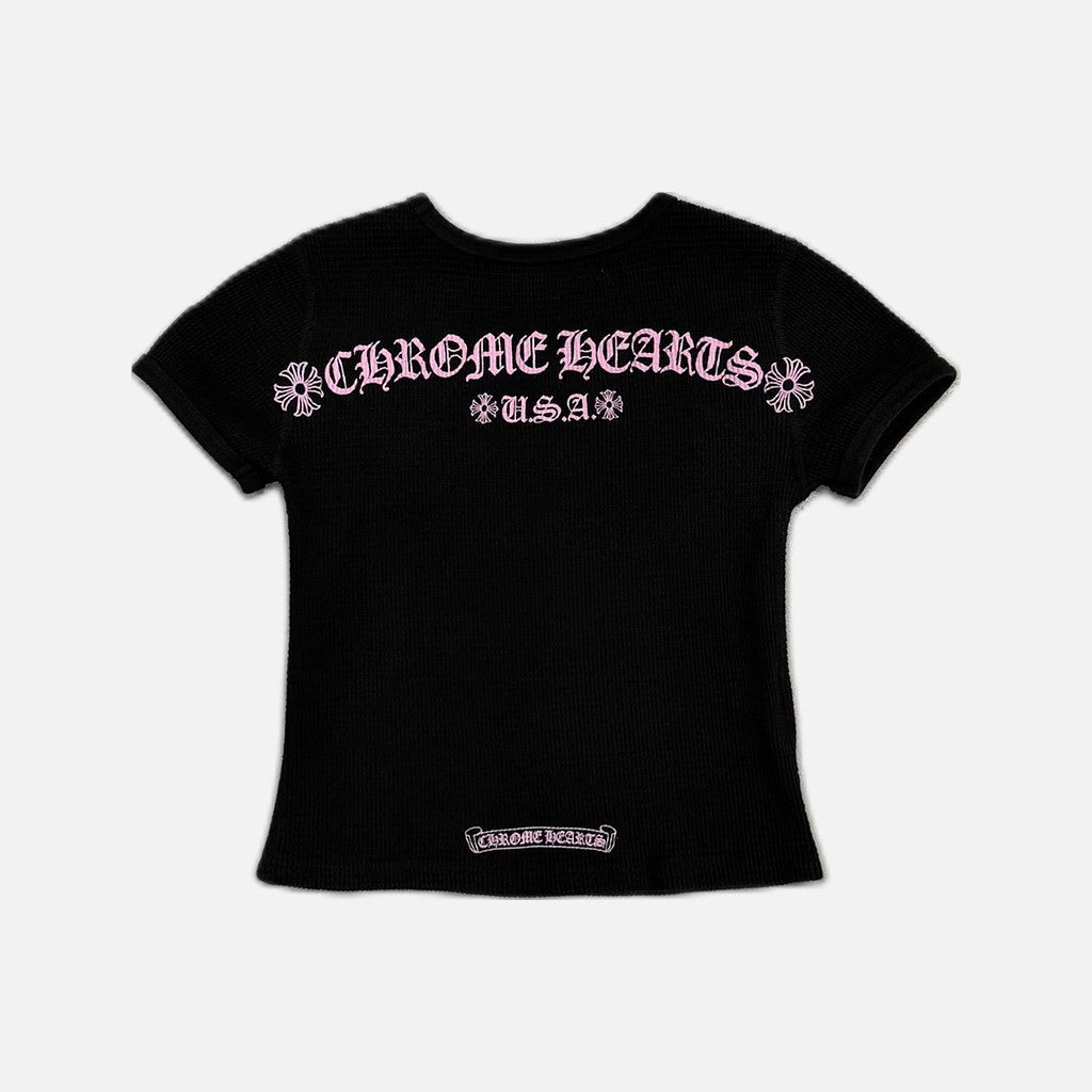 Chrome Hearts Matty Boy women's waffle thermal T-shirt and shorts set in black and pink, view 2