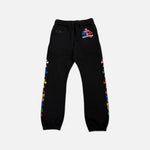 Load image into Gallery viewer, Chrome Hearts joggers in black with multicolour Cemetery Scroll graphic