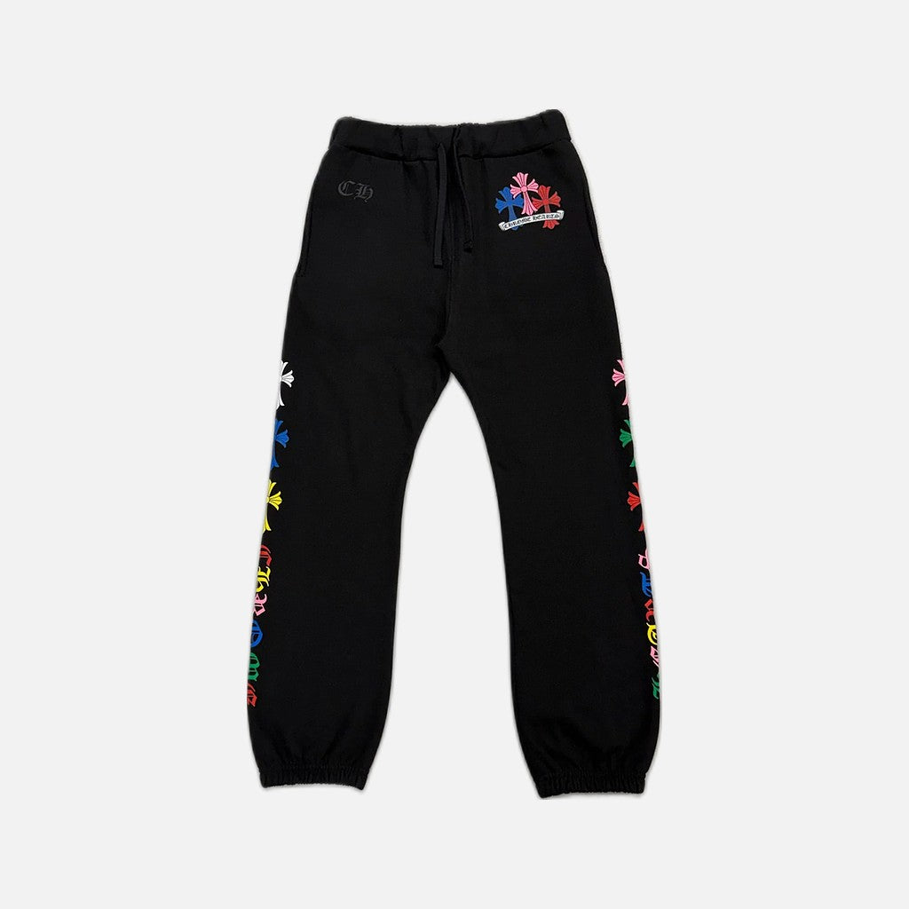 Chrome Hearts joggers in black with multicolour Cemetery Scroll graphic