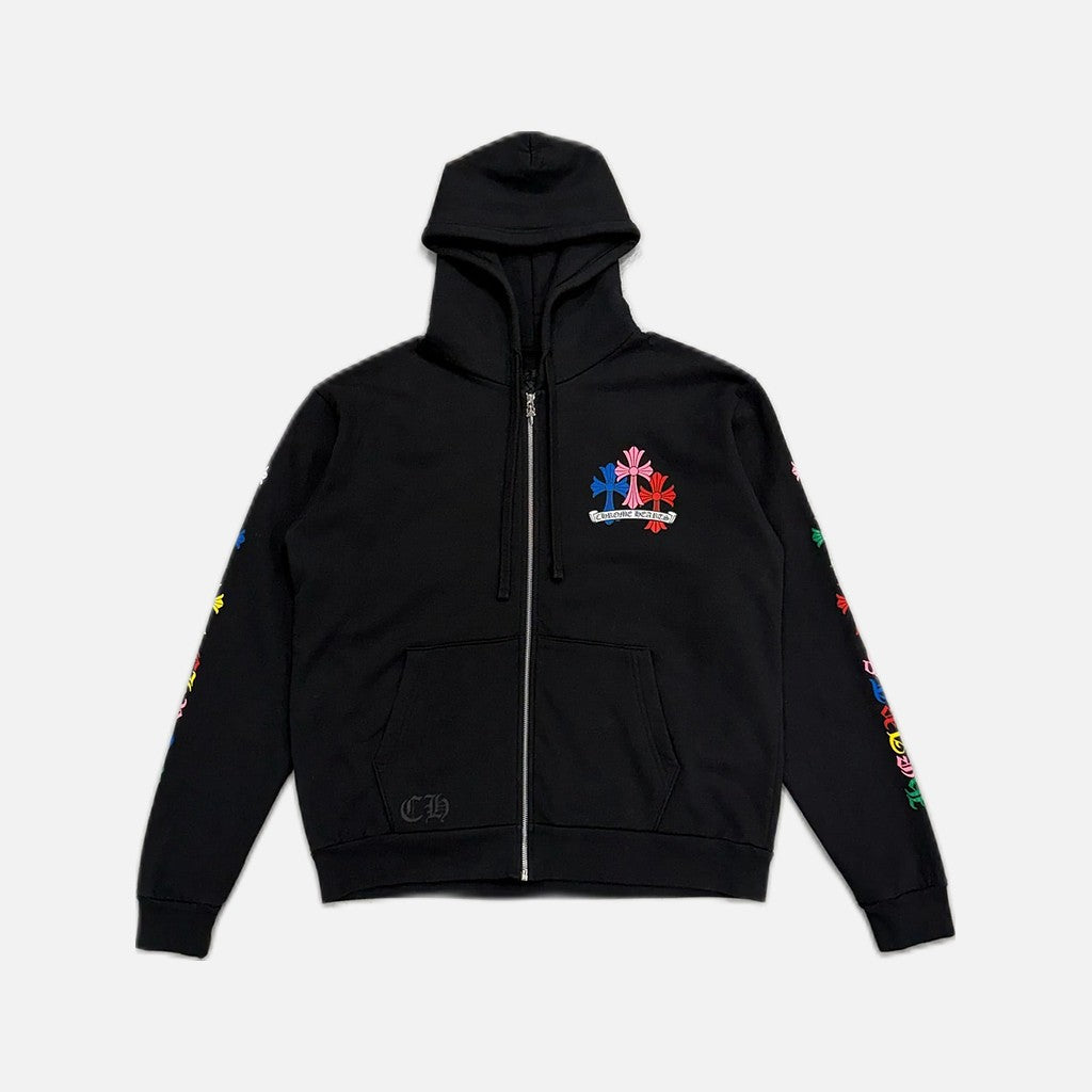 Chrome Hearts zip up hoodie in black with multicolour Cemetery Scroll graphic