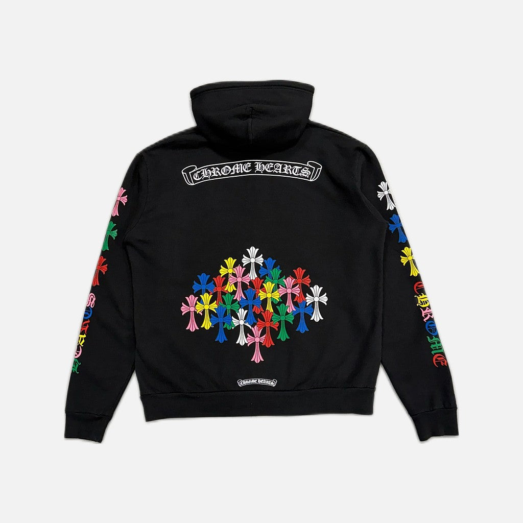 Chrome Hearts zip up hoodie in black with multicolour Cemetery Scroll graphic, view 2