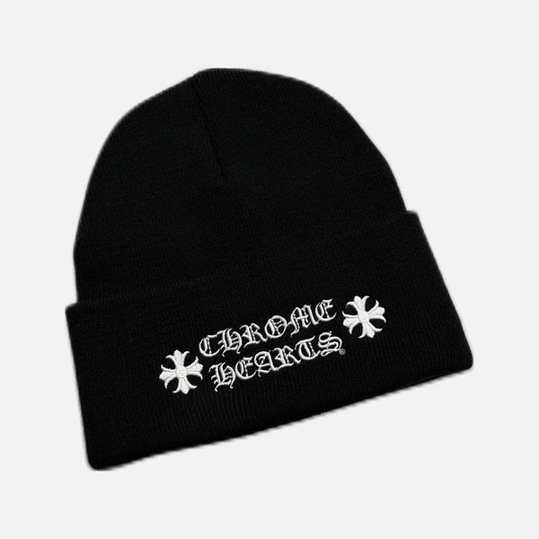 Chrome Hearts Plus acrylic beanie in black and white with the signature plus motif