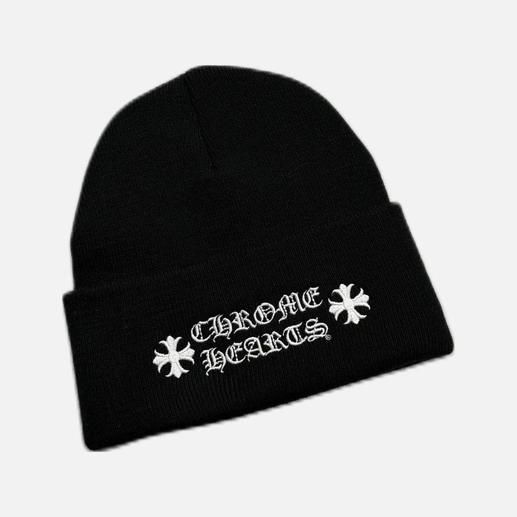 Chrome Hearts Plus acrylic beanie in black and white with the signature plus motif