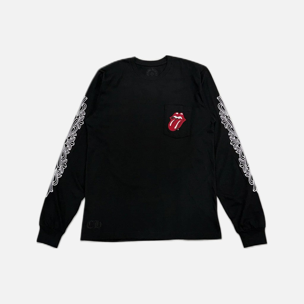Chrome Hearts Rolling Stones long sleeve T-shirt in black with red tongue and horseshoe graphics