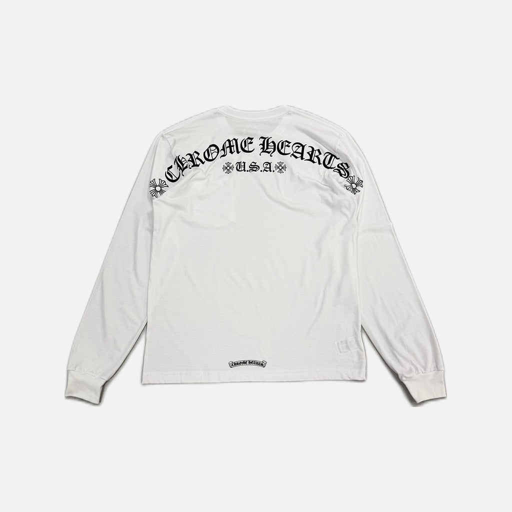 Chrome Hearts Scroll Rear Spread long sleeve T-shirt in white with scroll graphic across the back, view 2