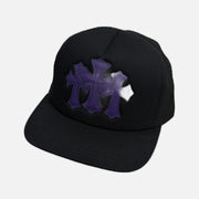 Chrome Hearts St. Barths trucker cap in black and purple with three leather cross patches