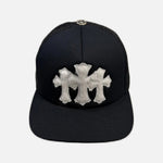 Load image into Gallery viewer, Chrome Hearts trucker cap in black and white with calf hair leather cross patches