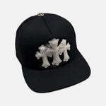Load image into Gallery viewer, Chrome Hearts trucker cap in black and white with calf hair leather cross patches, view 2